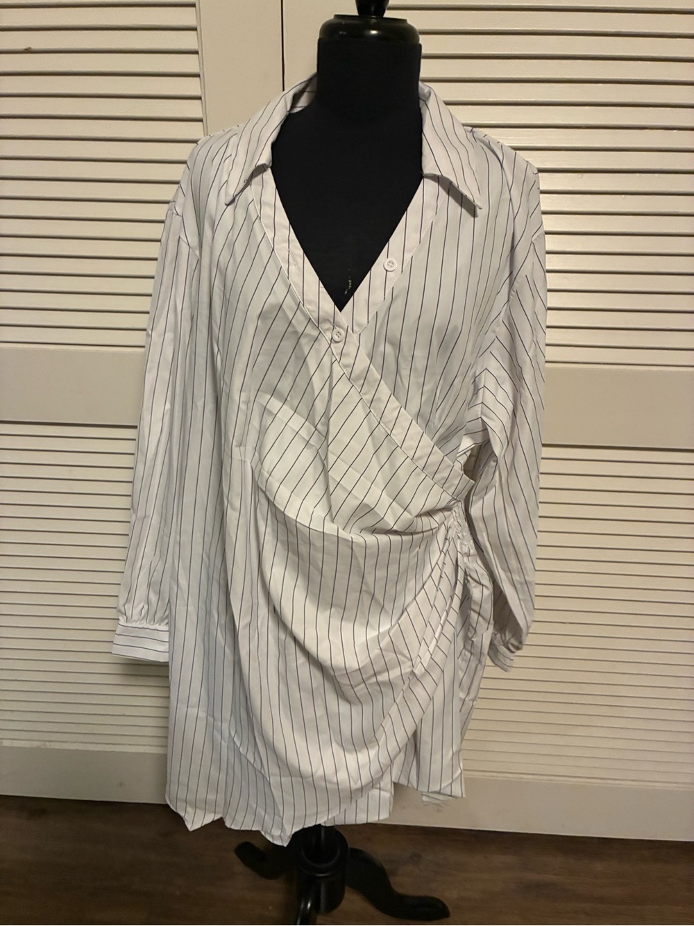 White Pinstripe Wrap Shirt Dress